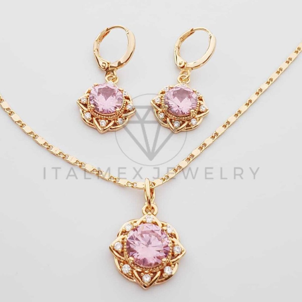 18K Gold Plated Flower Pink CZ Set - Picture 1 of 8